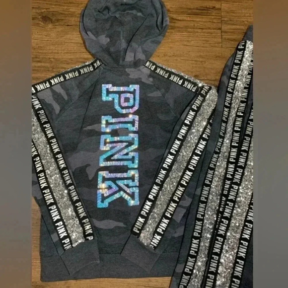 PINK VS CAMO BLING HOODIE/JOGGERS OUTFIT SET XS - Picture 5 of 10
